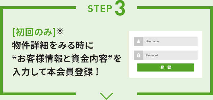 STEP3 [初回のみ]※物件詳細をみる時に?お客様情報と資金内容?を入力して本会員登録！